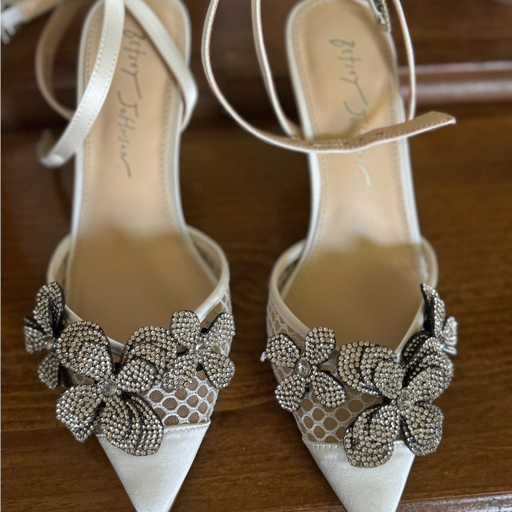 Betsey Johnson Ivory Pointed-Toe Heels with Crystal Floral Appliqués